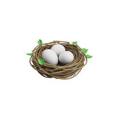 Three white eggs resting inside a simple nest, crafted from flexible, smooth brown branches