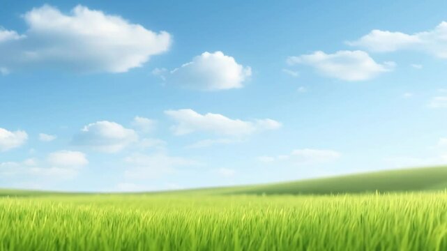 Zoom camera shot.Abstract grass flower in front and landscape green field and blue sky background.for natural concepts banner and key visual design
