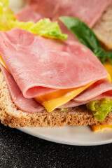 Sandwich ham, cheese, bread toast meat spam fresh delicious gourmet food background on the table rustic food top view copy space