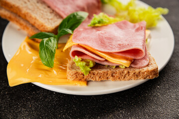 Sandwich ham, cheese, bread toast meat spam fresh delicious gourmet food background on the table rustic food top view copy space