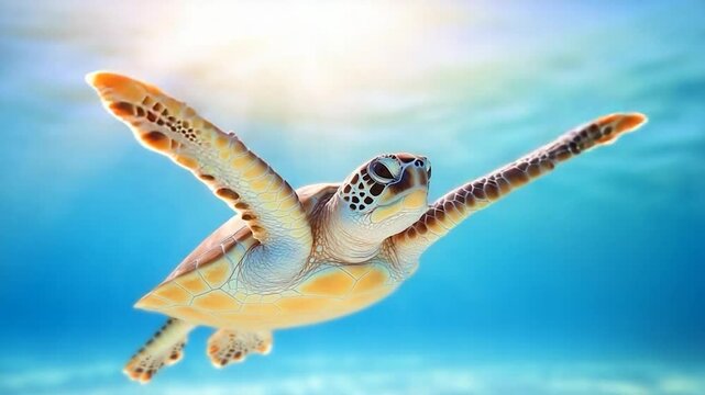 Sea turtle swimming underwater in clear blue ocean water with sun rays
