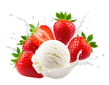 Whole Strawberries Impacting Soft Ice Cream Surface with Splash Explosion, Isolated on a Transparent Background”