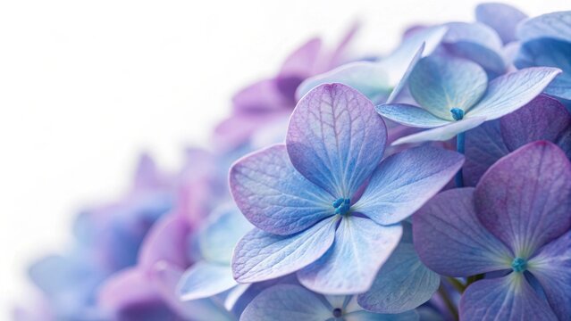 Delicate blue and purple hydrangea petals softly unfurling in a gentle close up view - Powered by Adobe