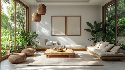 Serene Tropical Living Room with Woven Lights and Low Seating