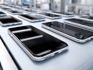Many new smartphones on a conveyor belt, ready to be packaged, in a factory setting.