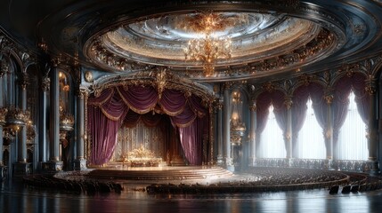Obraz premium Opulent Theater Interior with Stage, Chandelier, and Red Velvet Curtains