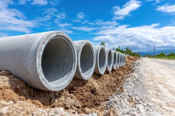 Large concrete pipes laid in a trench, under a blue sky with some clouds, alongside a dirt road.