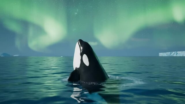 orca swimming underwater - A majestic orca breaches the surface of a serene Arctic ocean under a stunning display of the Northern Lights, creating a magical atmosphere in the wilderness