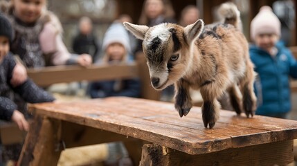 Playful goat jumping over a wooden table while children watch in a lively farm setting