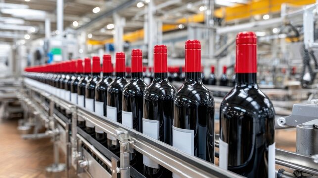 Wine bottles with red caps on a conveyor belt, in a factory setting, ready for labeling and packaging. - Powered by Adobe