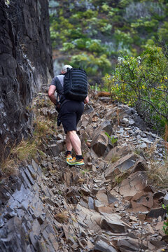 Hiker ascending basalt trail in Anaga