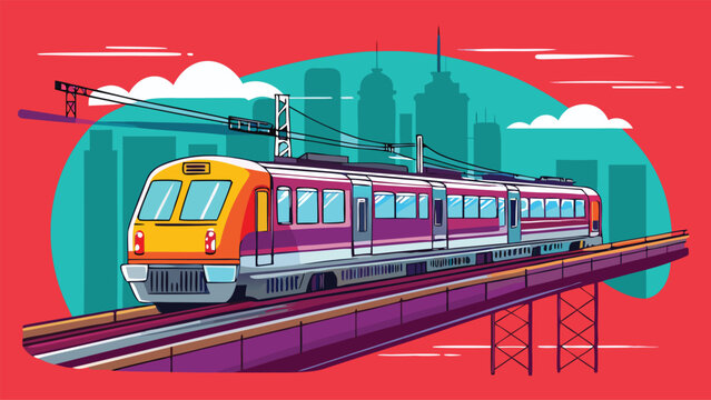 Mumbai local train illustration. Modern electric train traveling through a stylized cityscape under a vibrant red sky