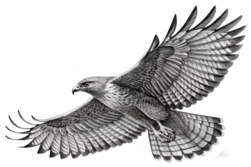 Detailed Black and White Hawk Drawing in Flight