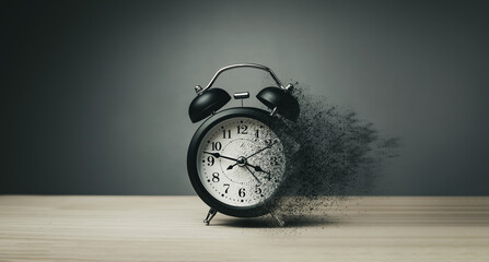 A black alarm clock dissolving on wooden table. Concept of effective time management and the importance of moments conveying time running out.