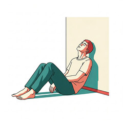 Emotional Despair: A lonely person in a depressed state, with a tense face, is sitting on the floor, leaning against a wall. Despair, anxiety, and stress are on the verge of breaking out.