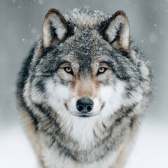 Fototapeta premium Majestic Gray Wolf Portrait in Winter Snowfall, Intense Gaze, Wildlife Photography