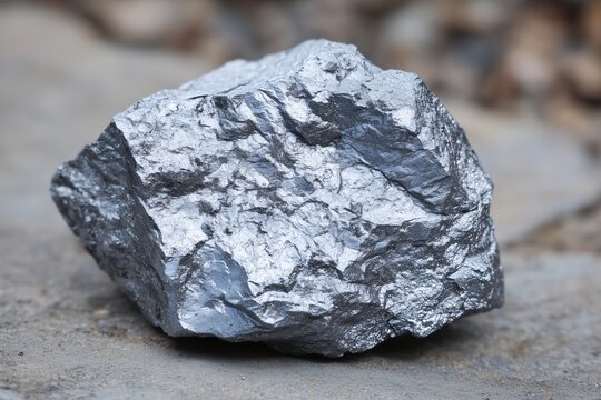 Zinc ore mineral with metallic luster on rocky ground, Natural shiny zinc stone extracted from mining site, Used for metallurgy and industry concepts