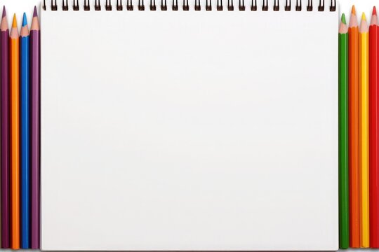 Blank white spiral notebook with several colored pencils on each side