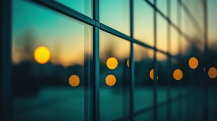 Glass building reflection, teal and orange blurred lights