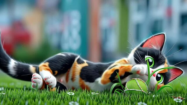A calico kitten sniffs a catnip toy, rolling happily in a lush field as the sunrise glows in a loop. 