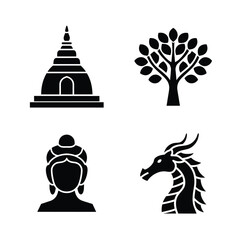 Obraz premium Four black icons stupa tree Buddha and dragon pagoda