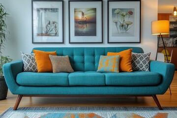 Turquoise sofa with three large posters on the wall in a mid-century style living room design, Generative AI