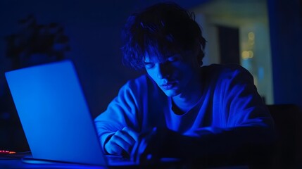 Young Man Working Late on Laptop in Blue Light