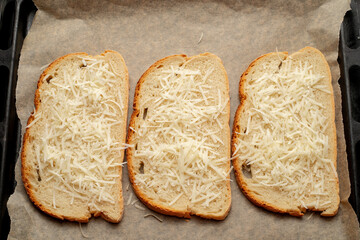 Close-up of tomato bruschetta on artisan bread slices with fresh sliced ​​tomatoes, parmesan...