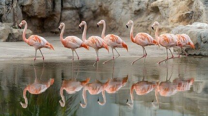 Obraz premium A group of six flamingos walking gracefully along the water's edge, reflecting in the calm pond