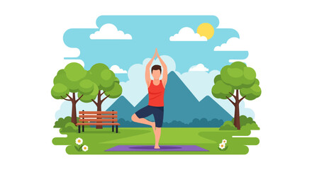 Adobe illustrator artwork vector illustration of a man peacefully meditating in lotus pose on a yoga mat in a park with mountains and blue sky. Promotes outdoor wellness and tranquility