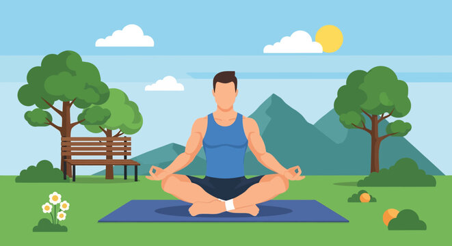 Adobe illustrator artwork vector illustration of a man peacefully meditating in lotus pose on a yoga mat in a park with mountains and blue sky. Promotes outdoor wellness and tranquility