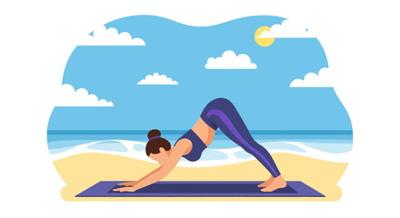 Adobe illustrator artwork vector illustration of a woman meditating in lotus pose on a yoga mat at a serene summer beach with ocean waves and a bright sun. Ideal for coastal wellness themes.