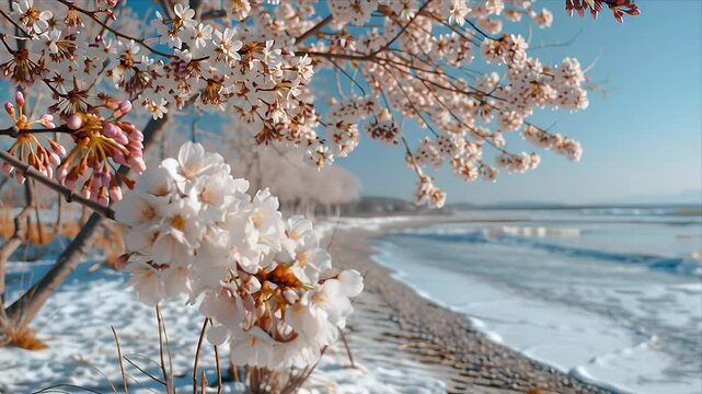 雪景色の中に咲く桜の珍しい風景動画｜Video of a rare scene of cherry blossoms blooming in a snowy landscape