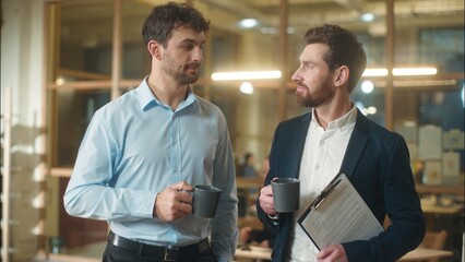 Caucasian men businessmen business partners friendly conversation dialogue talking in office coffee...