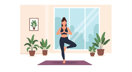 Adobe illustrator artwork vector illustration of a woman gracefully practicing yoga at home in a tree pose, surrounded by plants and a large window. Ideal for wellness and home fitness.