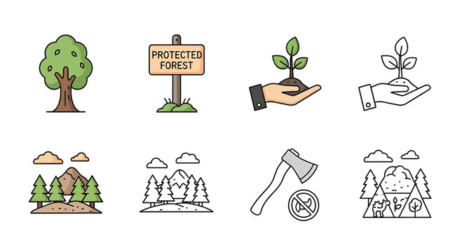 Forestry and Nature Conservation Icons Set: Tree, Mountains, Axe