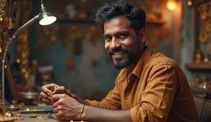 indian artisan working on delicate gold ornament