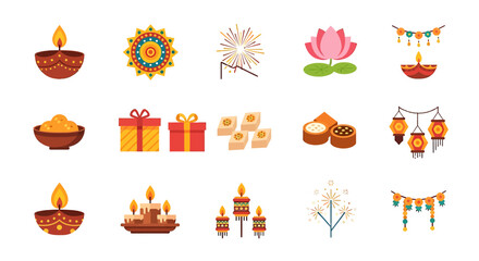 Diwali Festival Icons Set: Diya Lamp, Gifts, Sweets, Lanterns