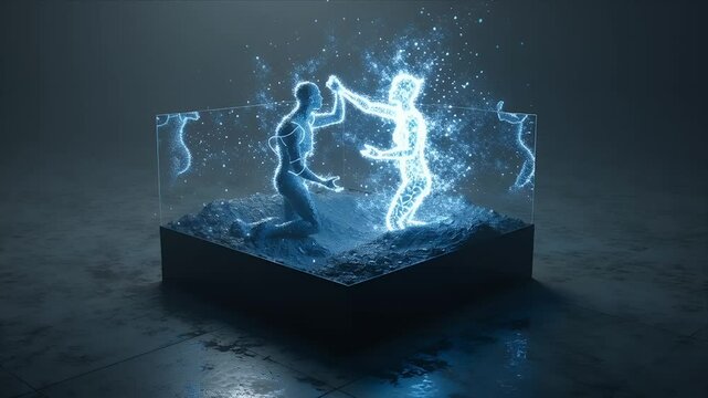 ガラスケースの中の輝く二人の人物の動画｜Video of two glowing figures inside a glass case
