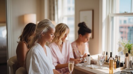Fototapeta premium Wedding preparation with bridesmaids in a bright, elegant room enjoying makeup and champagne