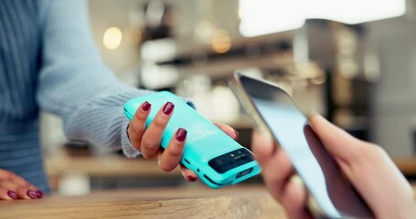 Hands, phone and sale with pos, cafe and tap for customer experience with deal at food truck. Person, server and machine with smartphone, fintech or mobile app for easy transaction at coffee shop - Powered by Adobe