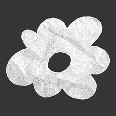 Silhouette of a flower with crumpled paper texture on a dark background. Cute sticker made from notebook page with jagged torn edges, dotted gritty texture, halftone element.