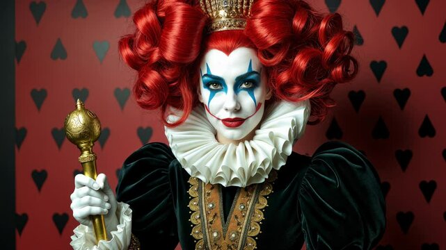 Queen of Hearts from Alice in Wonderland with dramatic red curly hair, white face paint and royal costume holding golden scepter. Classic fairy tale villain character with ornate makeup.