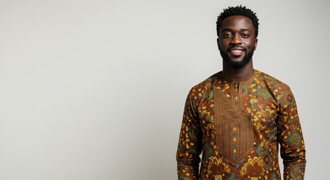 black people wearing traditional clothes, neutral background with space