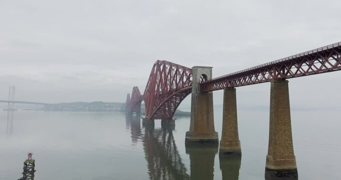 Aerial view of forth rail bridge reflections, United Kingdom.