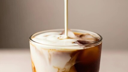 Pouring cream into iced coffee drink for delicious coffee beverage refreshment - Powered by Adobe