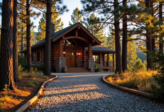 Cozy wooden cabin surrounded by tall pine trees in a peaceful forest setting - Powered by Adobe