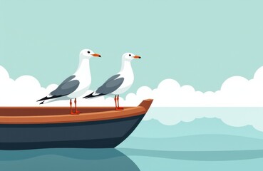 Fototapeta premium Two seagulls standing on the edge of a boat in a calm water scene with clouds in the sky