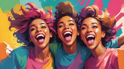 Happy group of friends smiling for selfie outdoors. Laughing youth enjoy summer day together. Students gather outside school, celebrating friendship