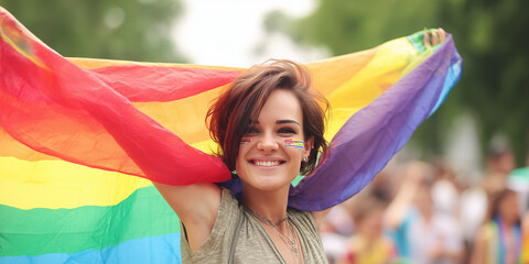 Woman holding rainbow flag celebrating lgbtq pride festival